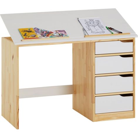 Idimex – Bureau enfant inclinable en pin massif naturel et blanc – 4 tiroirs – Dimensions 76 x 114 x 55 cm (H x L x P)