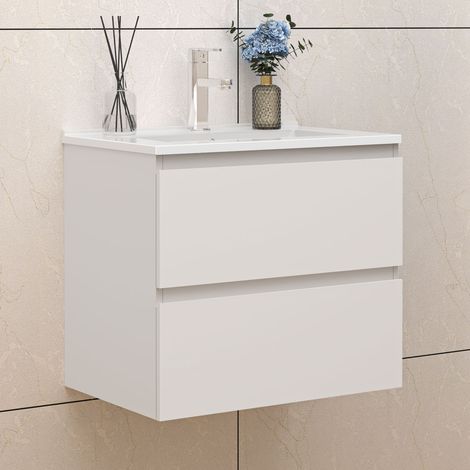 Badezimmer Badmöbel-Set 60cm Unterschrank mit keramik dünn waschtisch 2 Schubladen Weiß Matt soft close Selbstmontierter (1/5)