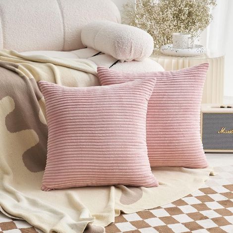 Set of 2 soft corduroy cushion covers with striped pattern for living room, bedroom and Easter decoration, 45 x 45 cm, light pink (1/5)