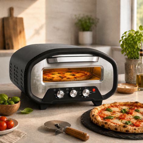 Four à Pizza Électrique d'Intérieur 2200 W jusqu'à 430°C, Pierre en Céramique Ø30,5 cm, Minuteur 60 min, Noir (1/5)