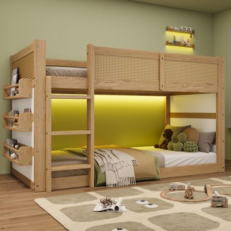 Litera alta 90x200 cm natural y blanca de madera con escalera y LED