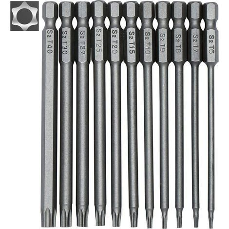 Set of 11 long magnetic Torx screwdriver bits - 1/4" hex shank - sizes T6 to T40 - length 100 mm (1/5)