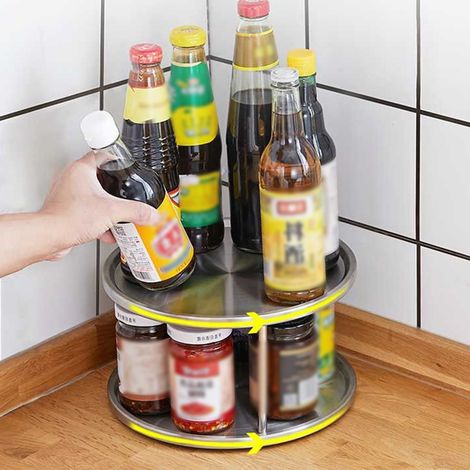 Plateau de rangement rotatif à deux niveaux en acier inoxydable pour épices, étagère de cuisine et rangement de garde-manger (1/5)