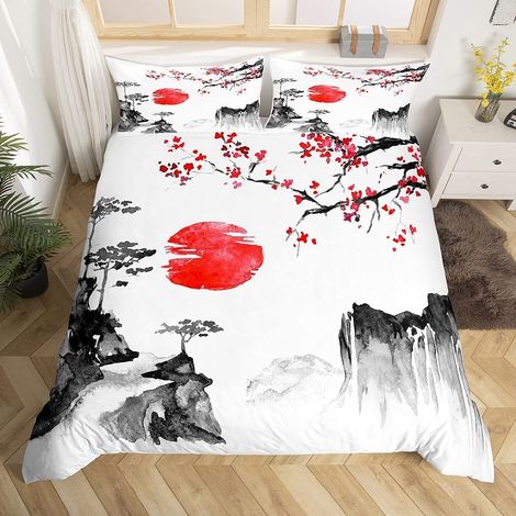 Parure de lit Ukiyoe,Motif fleurs de cerisier et soleil rouge,Housse de couette pour enfant garçon et fille,Style japonais,135x200 cm,Style exotique,Avec 1 taie d'oreiller (1/5)