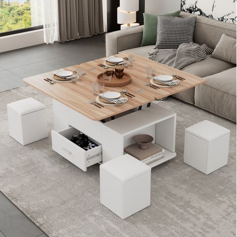 Tavolino trasformabile 100 x 50 x 45 cm con 4 sgabelli, bianco e legno DESVIAE (1/5)