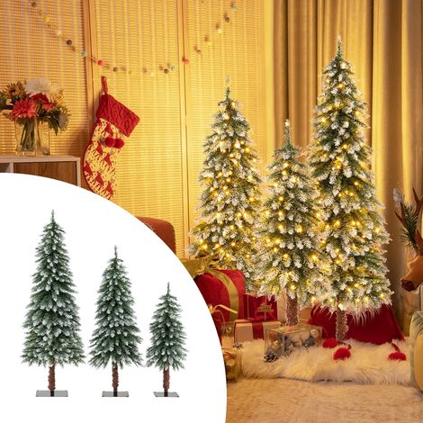 COSTWAY 3er Künstlicher Weihnachtsbaum, 90+120+150cm, verschneiter Christbaum mit warmweißen LED-Lichtern, schmaler Tannenbaum mit Schnee & Metallständer, Kunstbaum Weihnachten PVC Nadeln, Grün (1/5)