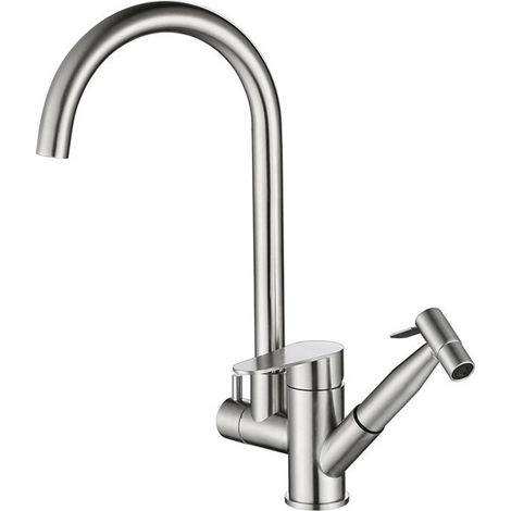Robinet de Cuisine et de salle de bain pivotant à 360°, mitigeur avec douchette extractible, eau chaude et froide,argent