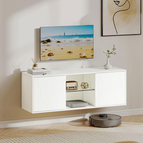Meuble TV pour écrans jusqu'à 55", à fixer au mur ou à poser au sol, portes à fermeture douce, passe-câbles et étagère en verre, blanc (1/5)