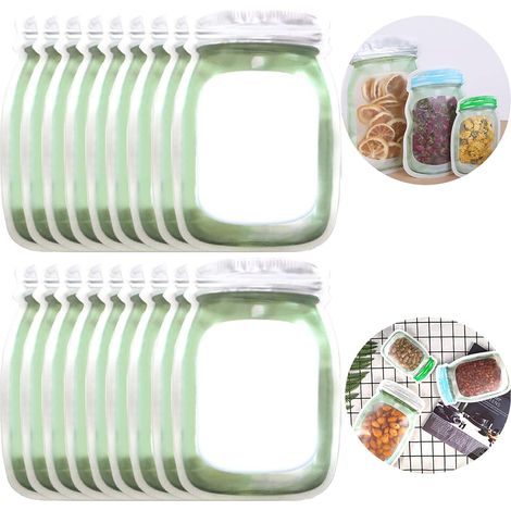 Lot de 20 sacs réutilisables Mason Jar réutilisables à fermeture éclair pour la cuisine, les collations, les sandwichs, les collations, les collations (1/5)