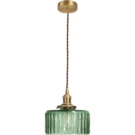 Lampe suspension industrielle vintage en verre Côtelé, Lumière suspendue rétro E27 finition laiton, Plafonnier à paire torsadée flexible Loft Bar (Vert) (1/5)