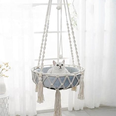 Amaca per gatti in macramè tessuta a mano, cuccia sospesa per gatti da finestra, cesto oscillante, per uso interno, bianca, 40 cm (1/5)
