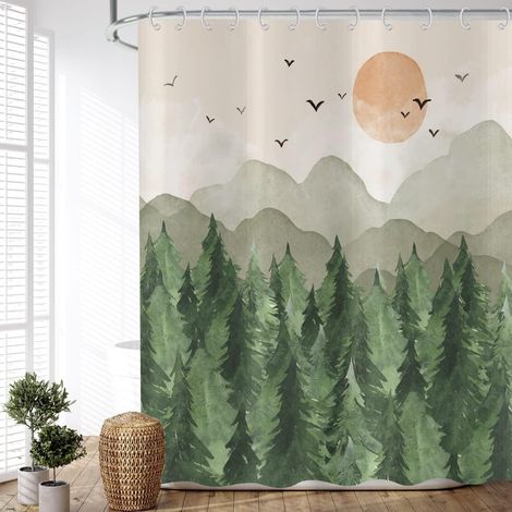 Rideau de Douche Forêt 180x200 cm, Peinture Chinoise Asiatique Aquarelle Bois Verts Peak Oiseau Lavables Textile Rideau Douche imperméable pour Baignoire avec 12 Crochets (1/5)