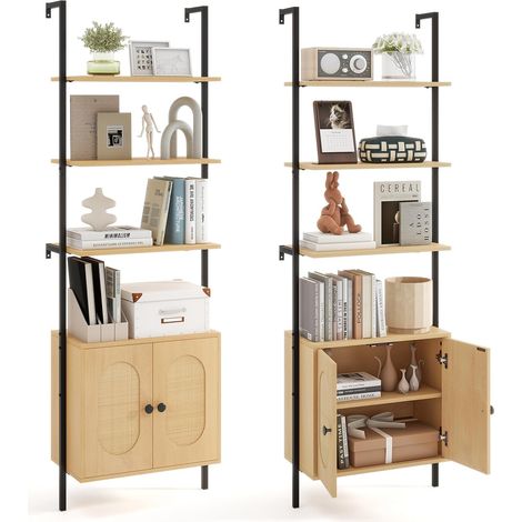 COSTWAY Scaffale Salvaspazio 60 x 30 x 184 cm, Libreria a 3 Livelli con Ripiano Regolabile, Struttura in Metallo, Armadietto in Rattan e Scaffale Aperto, Mobile Bagno per Soggiorno e Ufficio (1/5)