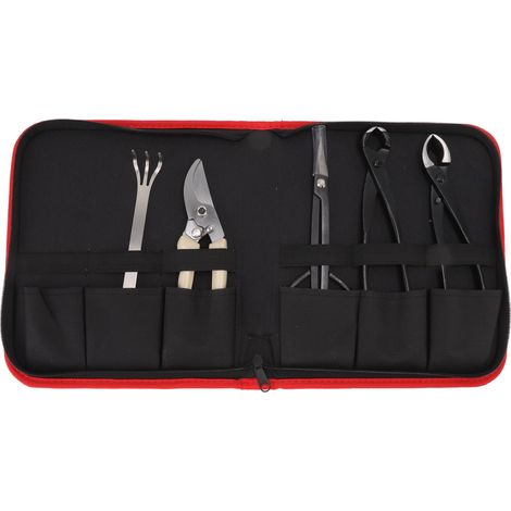 Kit d'outils pour bonsaï 5 pièces en acier au carbone : ciseaux à bonsaï, râteau, coupe-branches, sécateur, pince et outils de jardin.