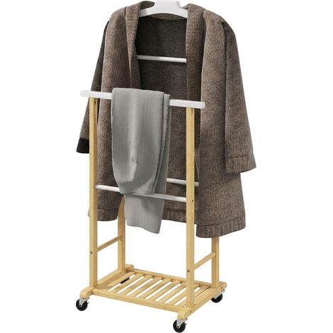 Valet de chambre à roulettes, portant à vêtements en bambou avec cintre intégré, tiges à pantalons et étagère, naturel, rangement design, salon et bureau (1/5)