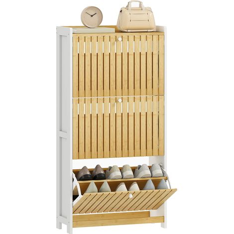 Meuble à chaussures 18 paires avec 3 tiroirs rabattables, portes en bambou à lattes, 60x24x118cm, blanc et bois naturel (1/5)