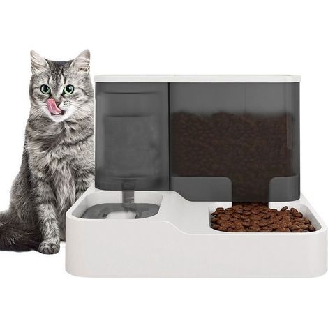(Blanc + Gris)Kotezu Distributeur de Croquettes et d'Eau Automatique pour Chat et Petit Chien 2 en 1 Fontaine 1L et Mangeoir 2.8L Blanc (1/5)
