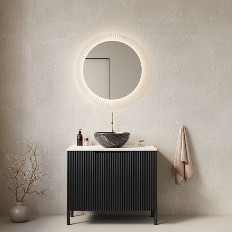 Meuble vasque 76x48x89 cm en céramique et bois, noir, avec rangement, salle de bain FloraGrace (1/5)