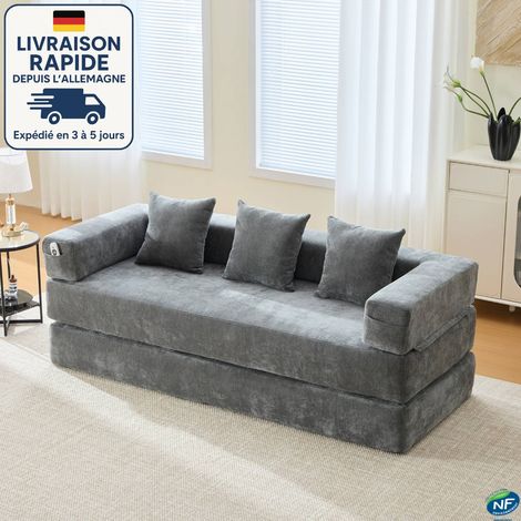 MODFU-Sofá cama de 3 plazas, sofá recto, 3 cojines, combinación libre modular, tejido chenilla, 198×79×60cm, gris oscuro (1/5)