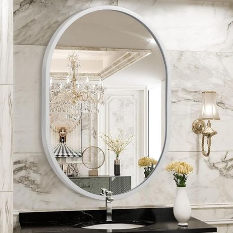 Miroir de salle de bain ovale avec cadre en métal - Miroirs modernes à suspendre au mur - 40 x 30 cm - Petit miroir à cadre en alliage d'aluminium décoratif pour salle de bain, salon, chambre (1/5)