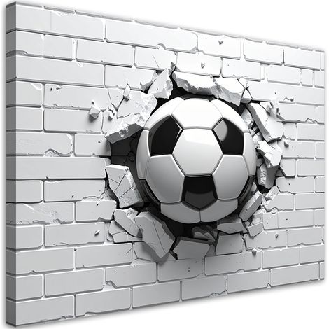 Impression sur Toile, Ballon de football traversant un mur de briques,30x20 (1/4)