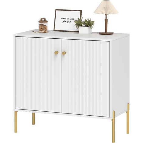 Wohnzimmer-Sideboard, Aufbewahrungsmöbel mit Doppeltüren, verstellbarem Einlegeboden, Stahlbeinen, 80 x 39,1 x 76 cm, weiß