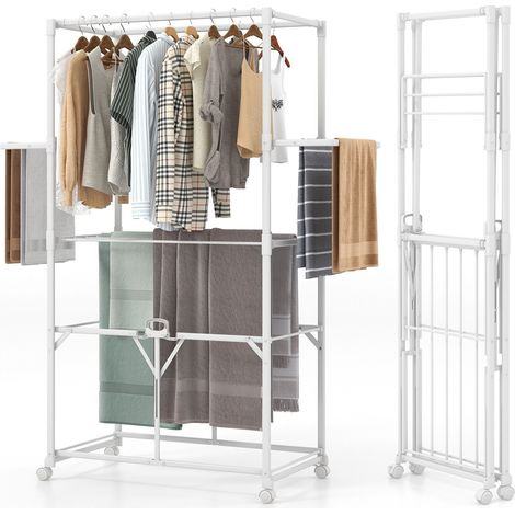 H-shaped Clothes Drying Rack Collapsible Hanging Dryer Stand w/2 Folding Shelves (1/5)