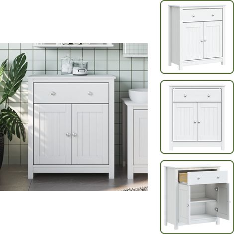 The Living Store Armoire de salle de bain BERG blanc 69,5x34x80 cm pin massif - Meuble De Salle De Bain - Armoire De Salle De Bain - Rangement Salle De Bain - Commode Salle De Bain - Bois Massif
