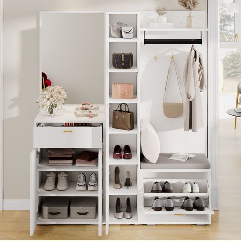 Mueble de entrada 150x36x180 cm de MDF y tablero de partículas blanco con almacenaje – MEUBLIV (1/5)