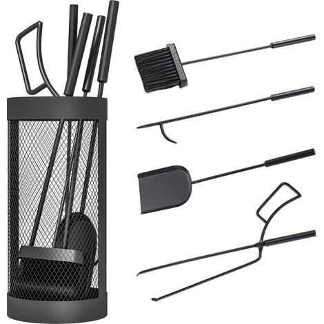 Outsunny Set 5 Pezzi Attrezzi Camino in Metallo con Cestino, Nero (1/5)