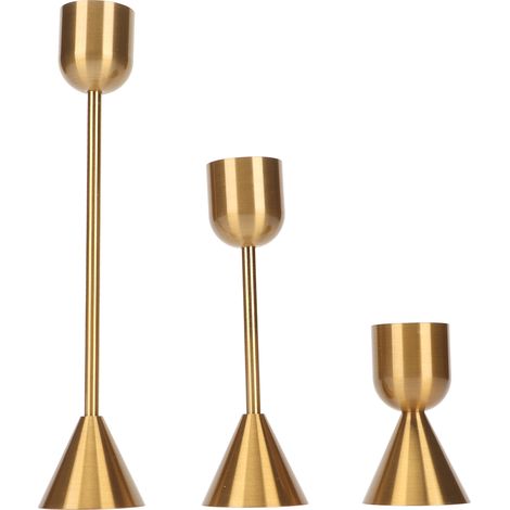 Trois chandeliers dorés de hauteurs différentes, bougeoirs coniques, parfaits pour la décoration intérieure et les cadeaux de fêtes. (1/5)