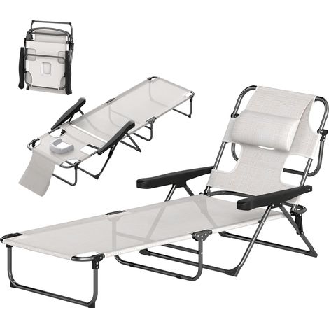 Klappbare Gartenliege mit 4-fach verstellbarer Rückenlehne, Leseöffnung und Kopfstütze, 72 x 194 x 89 cm, cremefarben