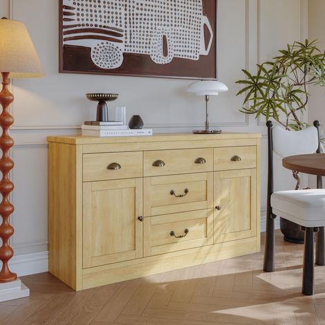 Sideboard 135x39,8x80 cm, moderne Kommode mit 5 Schubladen und 2 Türen für Wohnzimmer und Küche, Massivholz, Natur