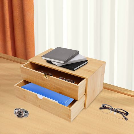 YISSALE-Bambus-Schreibtischablage – Mini-Bambus-Schreibtischablage mit 2 Schubladen (1/5)