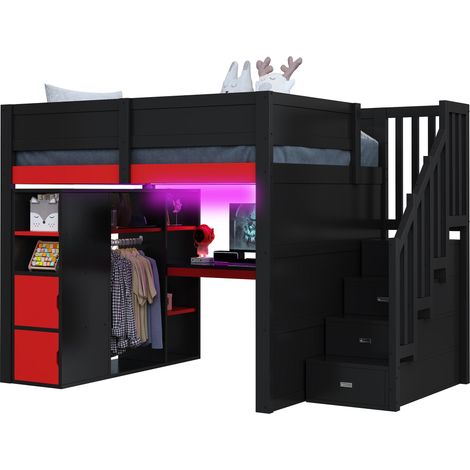 Lit mezzanine gaming 140x200 cm avec bureau rangements multiples éclairage led port usb échelle rangement, structure bois rouge noir (1/5)