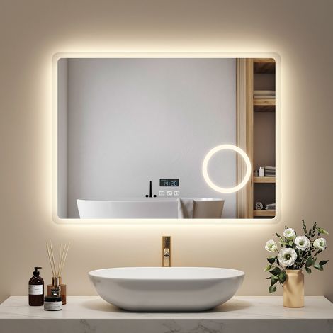 EMKE LED Badspiegel 80 x 60 cm mit Antibeschlag, Bluetooth & Uhr, 3 Lichtfarben, dimmbar, 3x Vergrößerung (1/5)