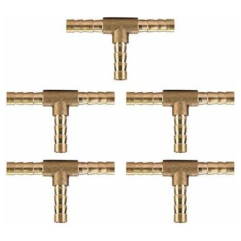Jeffergarden Connecteur en Laiton en T, 5pcs Raccords du Tuyau T pour Tuyau d'Air/Eau/Huile/Gaz, Joint du Tuyau en Laiton 6/8/10 /12mm (6mm) (1/5)