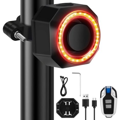 Alarme de vélo avec feu arrière, télécommande antivol rechargeable par USB, 110 dB sans fil, capteur mouvement vibration, support moto pour remorque scooter électrique montagne, noir - (1/5)