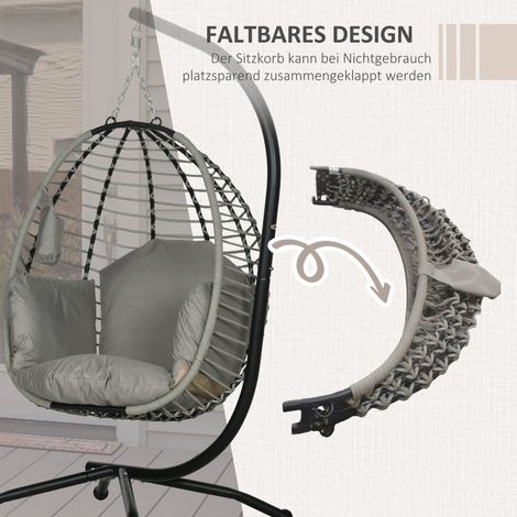 Hängesessel pliable en métal gris avec coussin d'assise et dossier, porte-gobelet, panier suspendu (1/4)