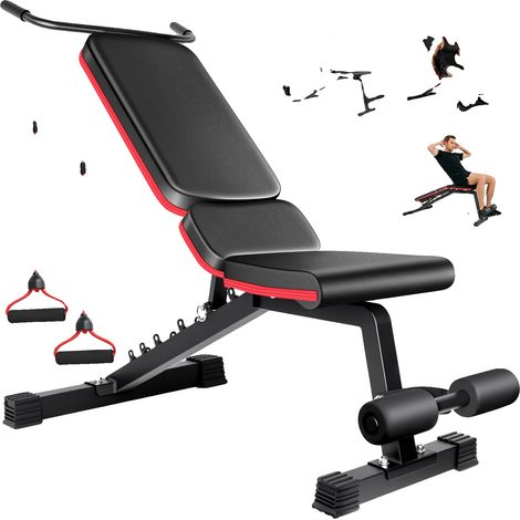 Banc de musculation, dossier réglable en 7 positions, cadre en acier robuste, Livré avec 2 cordes de traction (1/2)
