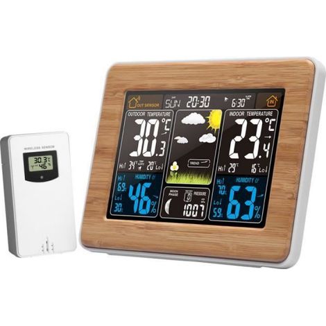 Station météo sans fil - - Réveil numérique multifonctionnel avec Capteur de télécommande sans fil prévisions météo, brun (1/4)
