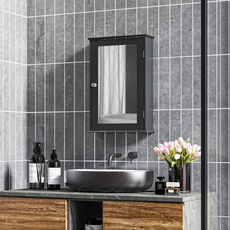 Badezimmer-Spiegelschrank mit Magnetverschluss, platzsparender, wandmontierter Badezimmerschrank aus Holz, 41 x 14 x 60 cm, Schwarz