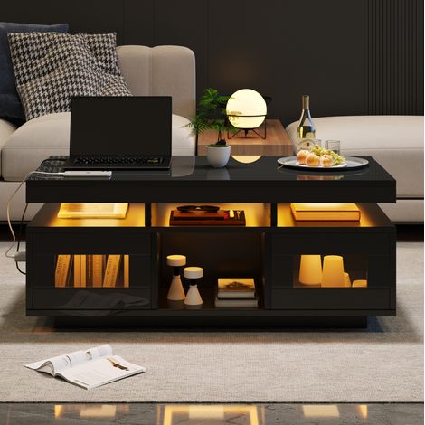 Mesa de centro 100 x 50 x 43 cm con LED, enchufe y USB, negro DESVIAE (1/5)