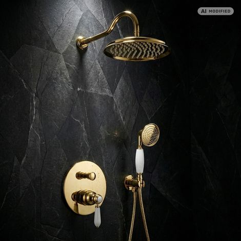 Système de douche encastré en or mélangeur monocommande Nostalgie style rétro ensemble douche 25cm (1/5)