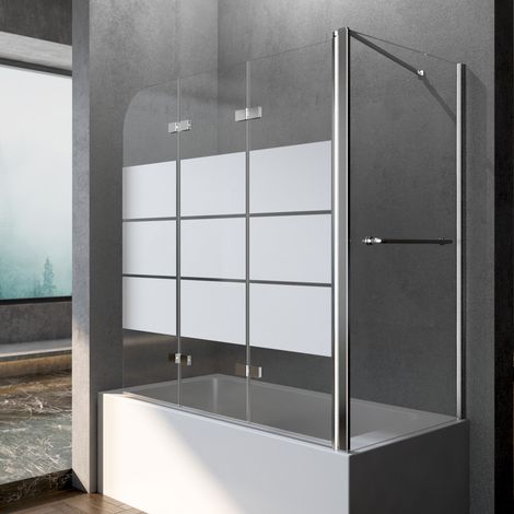 Badewannenaufsatz mit Seitenwand für 75 cm Badewanne Duschwand für Badewanne 120 x 75 x 140 cm Eck Duschwand Badewanne 3-teilig Faltbar Duschabtrennung Duschtrennwand 6 mm Gestreift Glas
