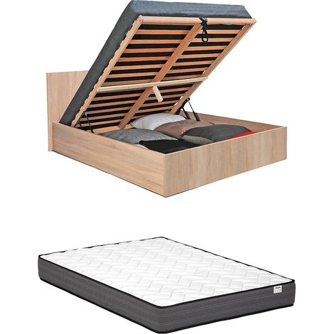 Vente-Unique – Lit coffre 160 x 200 cm avec sommier à lattes – Couleur naturel clair – Panneau de particule mélaminé – Charge max 160 kg (1/5)
