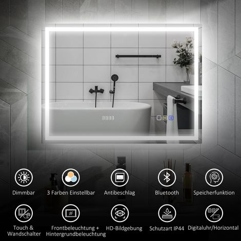 Miroir lumineux LED de salle de bain, anti-buée, 3 teintes ajustables, horloge intégrée, 600x800 mm, finition argent (1/4)