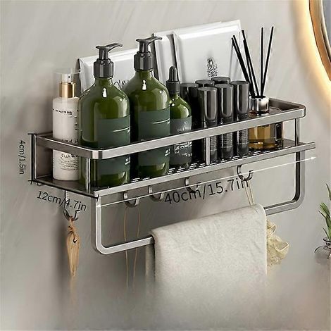 Plateau multifonctionnel pour accessoires de salle de bain, étagère de rangement murale en aluminium, organisateur de cosmétiques, support pour accessoires de salle de bain, 1 barre à crochet grise, 4 (1/2)