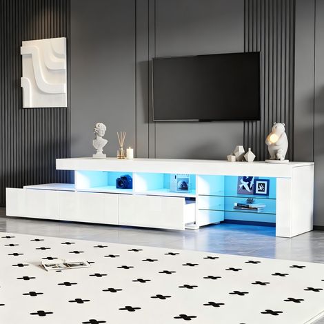 Meuble TV LED 180 x 35 x 45 cm pour téléviseur jusqu'à 65 pouces, 3 tiroirs, 7 rangements, MDF blanc laqué (1/5)