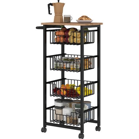 HOMCOM 4-Tier Kitchen Island on Wheels with 4 Pull-Out Baskets, Oak
